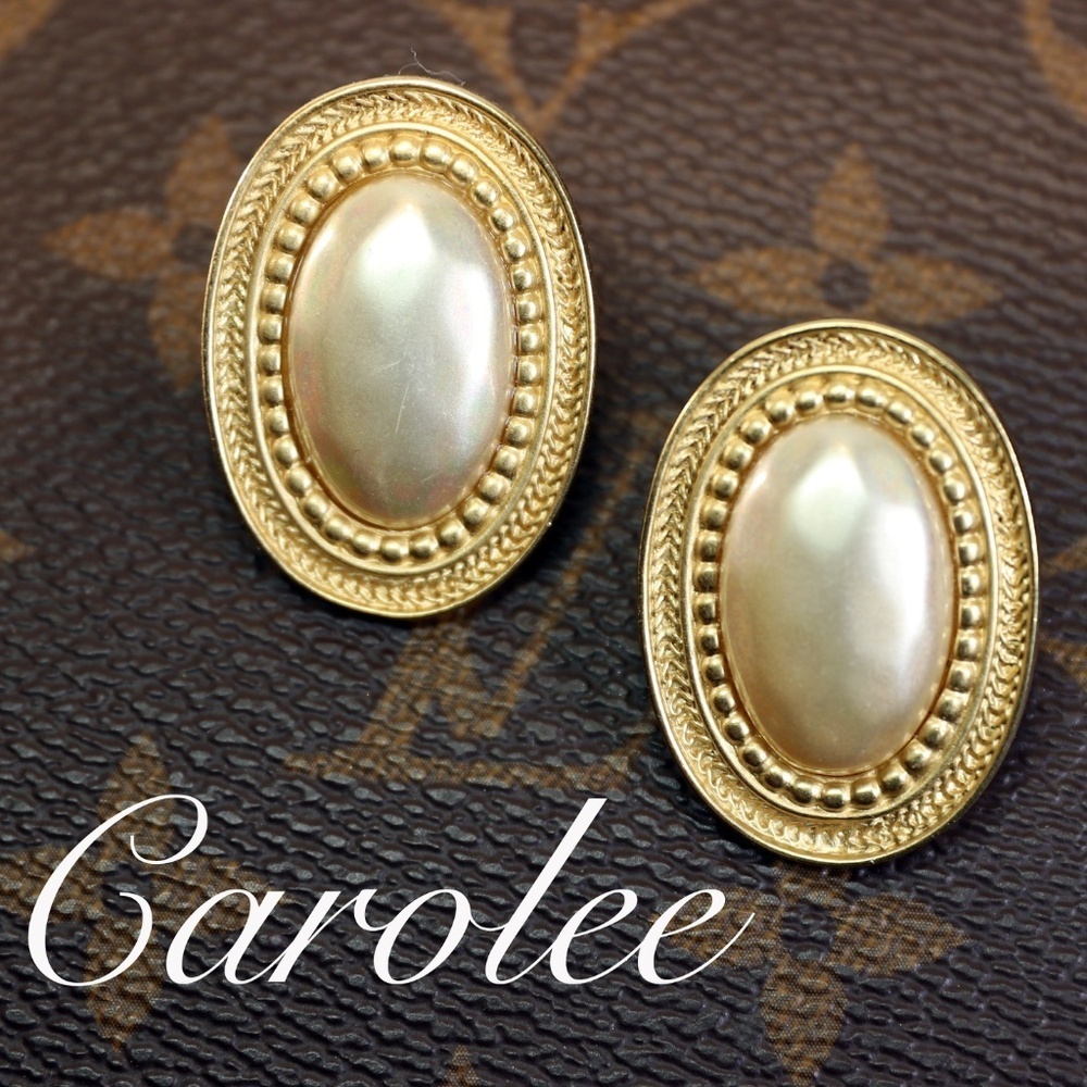 Carolee Oval Earrings in Gold Pierced Setting *signed*